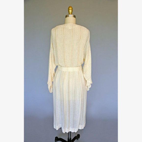 Vtg 70s Ivory Metallic Gold Weave Belted Dress 12P - Picture 5 of 6